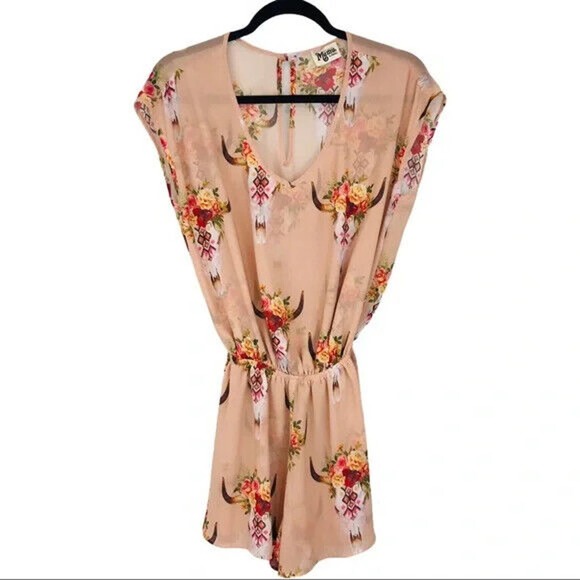 SHOW ME YOUR MUMU Rowdy Romper FRIDA BULL HEAD DESERT ROSE S Floral Scull - Picture 4 of 7